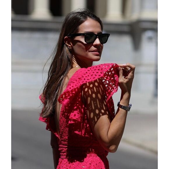 ZARA Fuchsia Openwork Embroidered Midi Dress New - Picture 4 of 7